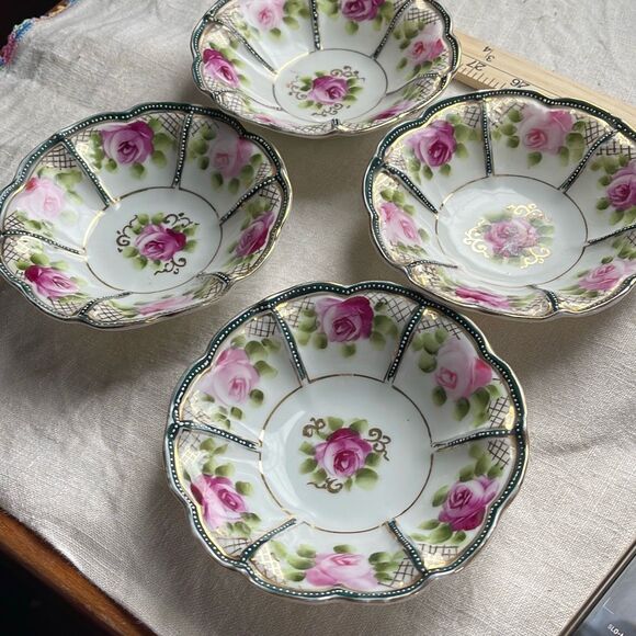 Antique Nippon hand-painted bowls either roses. Gold gilt 1891-1921 - Picture 3 of 8